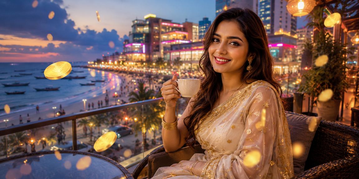 সেন্ট মার্টিনে শাড়ি পরা নারী মোবাইলে gk9 - এ লগইন করে পেমেন্ট করছেন